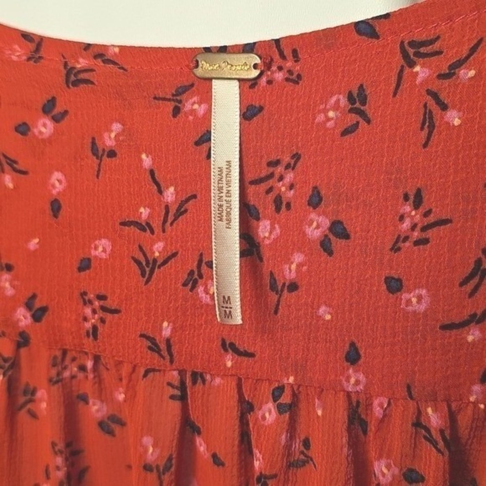 Free People Womens Tied Square Keyhole Neckline Red Floral Polyester Blouse M - Picture 3 of 8